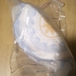 Prayer Cap, Kufi, White w/ Blue and Gold Embroidery